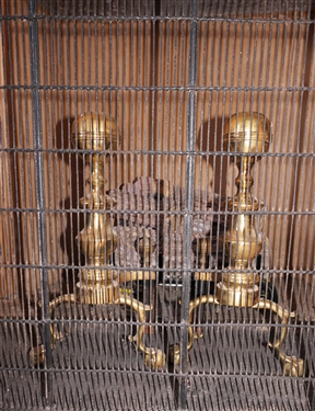 Pair of Harvin Brass Chippendale Style Andirons - No. 1-R and Iron and Brass Fire Screen  - Screen Measures 28 tall 40 Wide - LOGS NOT INCLUDED