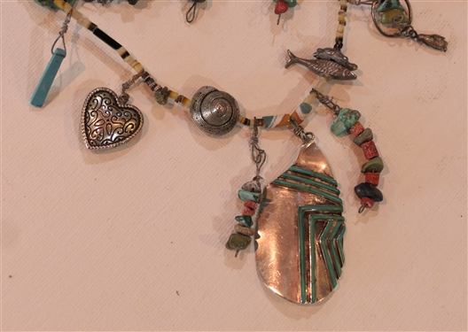 Eclectic Sterling Silver, Turquoise, Beaded Necklace - 3 Strands - Sterling Silver Charms and Turquoise Charms - Carved Stone Animals, Sterling Silver USN Charm, Sterling Feathers, - Necklace...