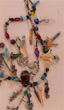 Eclectic Sterling Silver, Turquoise, Beaded Necklace - 3 Strands - Sterling Silver Charms and Turquoise Charms - Carved Stone Animals, Sterling Silver USN Charm, Sterling Feathers, - Necklace...