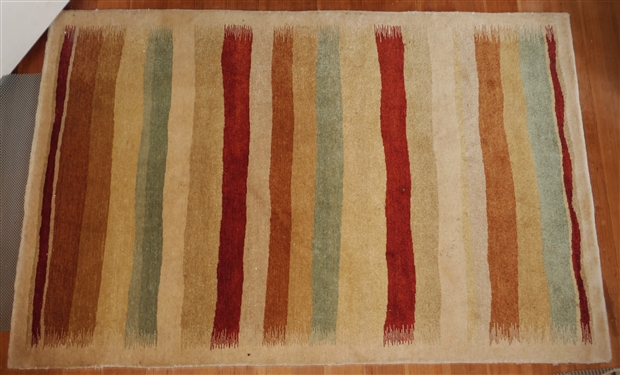 Tibetan Striped Wool Rug - Rug Measures - Beige with Orange, Rust, Yellow, and Green Stripes - Rug Measures 66 by 43