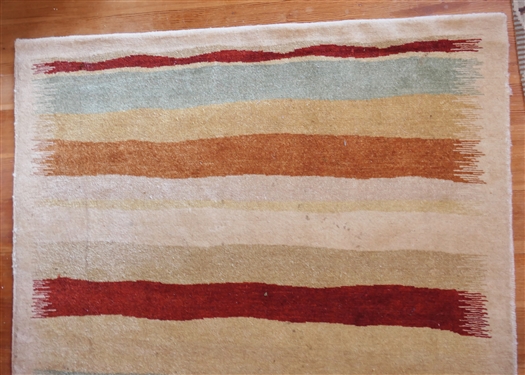 Tibetan Striped Wool Rug - Rug Measures - Beige with Orange, Rust, Yellow, and Green Stripes - Rug Measures 66 by 43