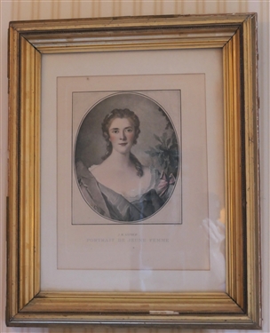 Portrait De Jeune Femme by J.M. Nather - Hand Colored Etching Framed in Gold Gilt Frame - Frame Measures 22 by 18 