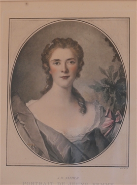 Portrait De Jeune Femme by J.M. Nather - Hand Colored Etching Framed in Gold Gilt Frame - Frame Measures 22 by 18 
