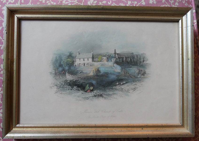 "Manse and Church of Cults - The Birth Place of Wilke" 19th Century Hand Colored Etching - Framed - Frame Measures 8 1/4" by 12" 