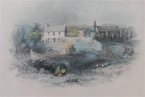 Manse and Church of Cults - The Birth Place of Wilke 19th Century Hand Colored Etching - Framed - Frame Measures 8 1/4 by 12 