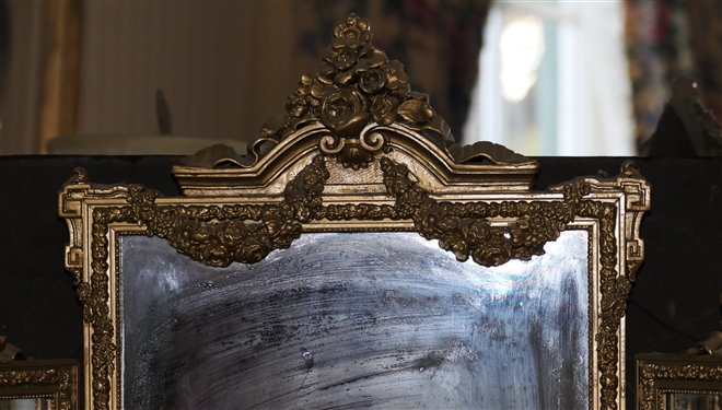 Gold Gilt Tryptic Mirror with Claw Feet - Floral Crest and Swags on Frame - Center Mirror Measures 27 tall 14 Across - Side Mirrors Measure 21 by 10