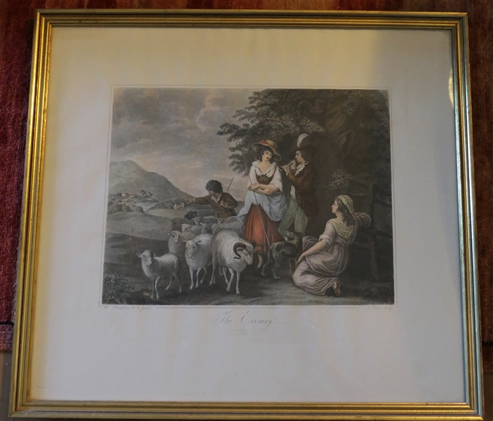 "The Evening" Hand Colored Print by W. Hamilton - Framed in Gold Gilt Frame - Frame Measures 20" by 22 1/4" 