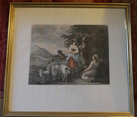 The Evening Hand Colored Print by W. Hamilton - Framed in Gold Gilt Frame - Frame Measures 20 by 22 1/4 