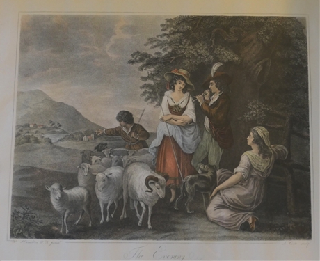 The Evening Hand Colored Print by W. Hamilton - Framed in Gold Gilt Frame - Frame Measures 20 by 22 1/4 