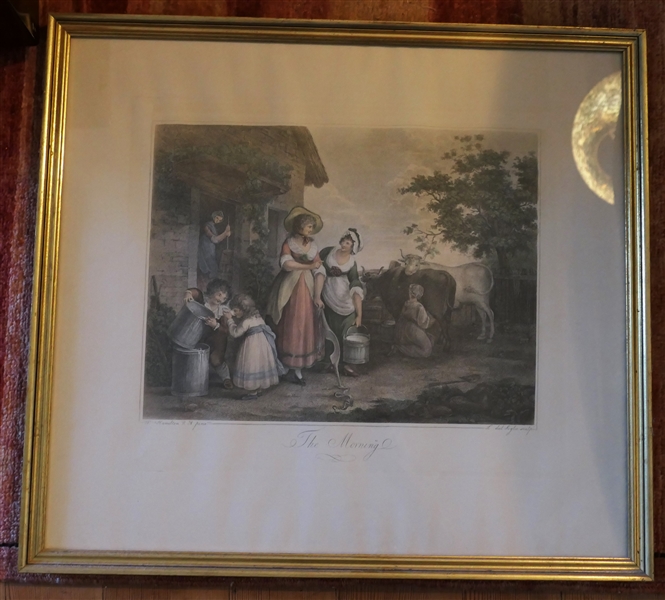 "The Morning" Hand Colored Print by W. Hamilton - Framed in Gold Gilt Frame - Frame Measures 20" by 22 1/4" 