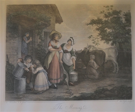The Morning Hand Colored Print by W. Hamilton - Framed in Gold Gilt Frame - Frame Measures 20 by 22 1/4 