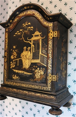 Small Japanned Cabinet - 4 Bun Feet - Red Interior - Photographed Hanging But Will Also Stand - Cabinet Measures 23 Tall 18 by 8 1/2