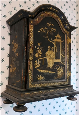 Small Japanned Cabinet - 4 Bun Feet - Red Interior - Photographed Hanging But Will Also Stand - Cabinet Measures 23 Tall 18 by 8 1/2