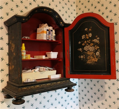 Small Japanned Cabinet - 4 Bun Feet - Red Interior - Photographed Hanging But Will Also Stand - Cabinet Measures 23 Tall 18 by 8 1/2
