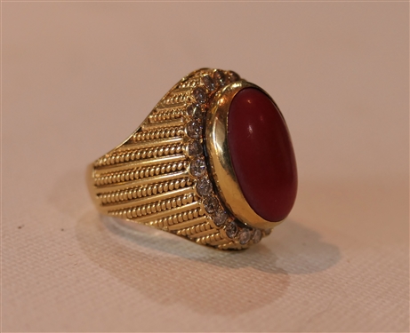 18kt Yellow Gold Ring with Coral Cabachon Surrounded by Diamonds - Ribbed Crown - Incredible Ring