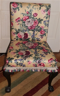 Chippendale Style Ball and Claw Foot Side Chair - Pretty Floral Upholstery with Tassel Trim 