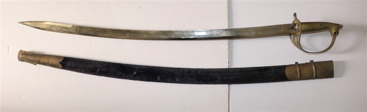 Sword in Brass Mounted Scabbard - Velvet Wrapped - Engraved Blade - Made in India - Sword Measures 38 long
