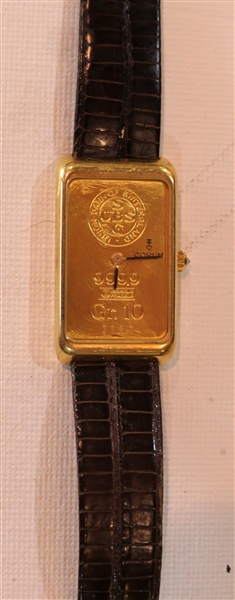 Corum 18kt Gold Wrist Watch - Bank of Switzerland 10 Gram .999 Fine Gold Bar Set in 18kt Yellow Gold Case - Diamond Crown - Corum Leather Band - Watch Case Measures 1 3/8" by 3/8"