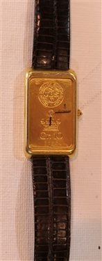 Corum 18kt Gold Wrist Watch - Bank of Switzerland 10 Gram .999 Fine Gold Bar Set in 18kt Yellow Gold Case - Diamond Crown - Corum Leather Band - Watch Case Measures 1 3/8 by 3/8