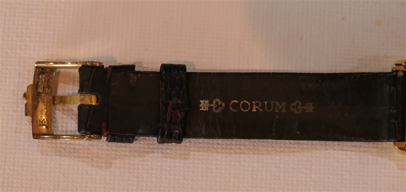 Corum 18kt Gold Wrist Watch - Bank of Switzerland 10 Gram .999 Fine Gold Bar Set in 18kt Yellow Gold Case - Diamond Crown - Corum Leather Band - Watch Case Measures 1 3/8 by 3/8