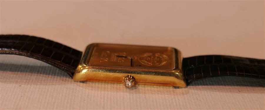 Corum 18kt Gold Wrist Watch - Bank of Switzerland 10 Gram .999 Fine Gold Bar Set in 18kt Yellow Gold Case - Diamond Crown - Corum Leather Band - Watch Case Measures 1 3/8 by 3/8