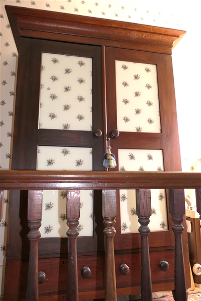 Antique Eastern North Carolina Wardrobe - Converted To Gun Cabinet - Double Glass Doors with Floral Wall Paper Inserts Over Double Dovetailed Drawers - Red Felt Lined Shelves on Left and Gun...