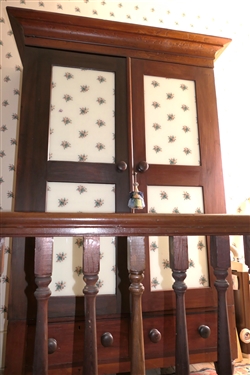 Antique Eastern North Carolina Wardrobe - Converted To Gun Cabinet - Double Glass Doors with Floral Wall Paper Inserts Over Double Dovetailed Drawers - Red Felt Lined Shelves on Left and Gun...