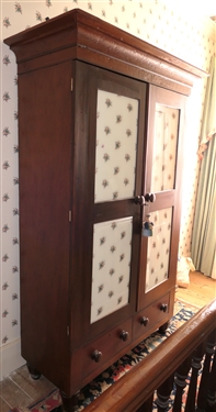 Antique Eastern North Carolina Wardrobe - Converted To Gun Cabinet - Double Glass Doors with Floral Wall Paper Inserts Over Double Dovetailed Drawers - Red Felt Lined Shelves on Left and Gun...