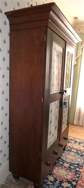 Antique Eastern North Carolina Wardrobe - Converted To Gun Cabinet - Double Glass Doors with Floral Wall Paper Inserts Over Double Dovetailed Drawers - Red Felt Lined Shelves on Left and Gun...