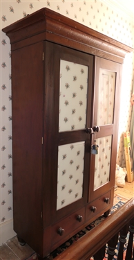 Antique Eastern North Carolina Wardrobe - Converted To Gun Cabinet - Double Glass Doors with Floral Wall Paper Inserts Over Double Dovetailed Drawers - Red Felt Lined Shelves on Left and Gun...