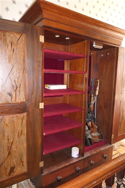 Antique Eastern North Carolina Wardrobe - Converted To Gun Cabinet - Double Glass Doors with Floral Wall Paper Inserts Over Double Dovetailed Drawers - Red Felt Lined Shelves on Left and Gun...