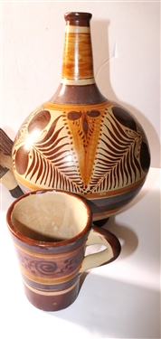 Plajarto F. Mexican Art Pottery Water Jug and Mug Set - Artist Signed 