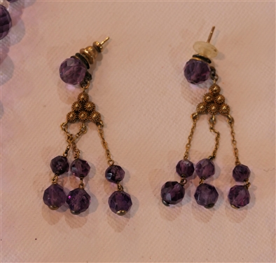Outstanding Amethyst Beaded Necklace and Matching Chandelier Earring Set - Graduating Faceted Amethyst Beads with Clear Spacers - 14kt Gold Clasp - 14kt Yellow Gold Chandelier Earrings - Earrings...