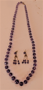 Outstanding Amethyst Beaded Necklace and Matching Chandelier Earring Set - Graduating Faceted Amethyst Beads with Clear Spacers - 14kt Gold Clasp - 14kt Yellow Gold Chandelier Earrings - Earrings...