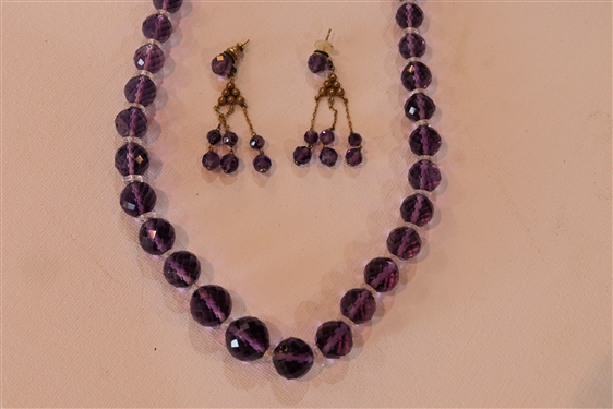 Outstanding Amethyst Beaded Necklace and Matching Chandelier Earring Set - Graduating Faceted Amethyst Beads with Clear Spacers - 14kt Gold Clasp - 14kt Yellow Gold Chandelier Earrings - Earrings...