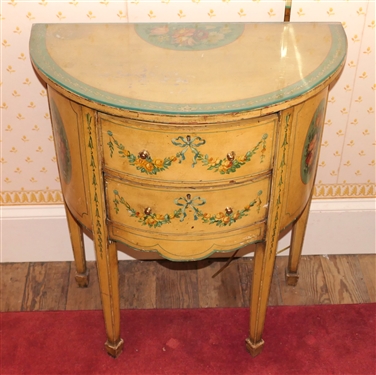 Italian Hand Painted Demi Lune End Table - Beautiful Hand Painted Florals with Bow and Flower Swags - 2 Drawers - Glass Top - Table Measures 29 Tall 26 By 14 