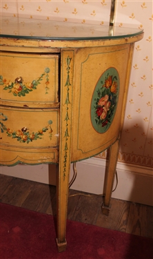 Italian Hand Painted Demi Lune End Table - Beautiful Hand Painted Florals with Bow and Flower Swags - 2 Drawers - Glass Top - Table Measures 29 Tall 26 By 14 