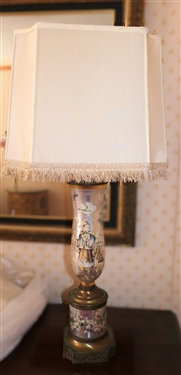 Unusual Mercury Glass Lamp with Asian Scenes and Dogwood Flowers - Brass Base and Fittings -2 Light - Nice Shade with Gold Fringe Trim -  Lamp Measures 27 to Bulbs 
