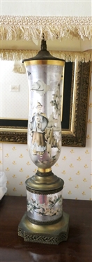 Unusual Mercury Glass Lamp with Asian Scenes and Dogwood Flowers - Brass Base and Fittings -2 Light - Nice Shade with Gold Fringe Trim -  Lamp Measures 27 to Bulbs 