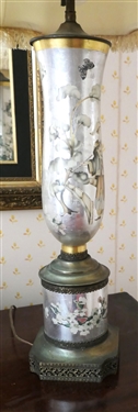 Unusual Mercury Glass Lamp with Asian Scenes and Dogwood Flowers - Brass Base and Fittings -2 Light - Nice Shade with Gold Fringe Trim -  Lamp Measures 27 to Bulbs 