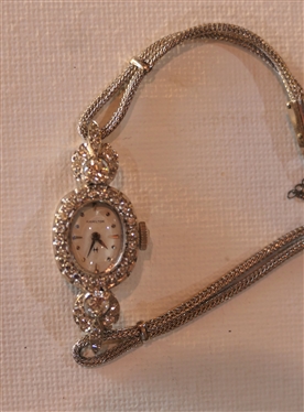 14kt White Gold Hamilton Ladies Watch - Diamond Encrusted Watch Dial and Lugs - 1/4 Carat Diamonds on Lugs - Engraved Back - Watch Measures 1 1/2 by 7 /8