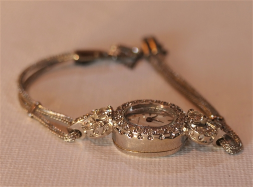 14kt White Gold Hamilton Ladies Watch - Diamond Encrusted Watch Dial and Lugs - 1/4 Carat Diamonds on Lugs - Engraved Back - Watch Measures 1 1/2 by 7 /8