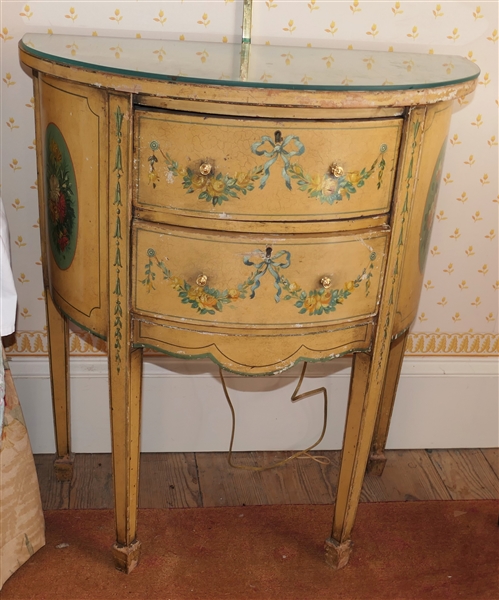 Italian Hand Painted Demi Lune End Table - Beautiful Hand Painted Florals with Bow and Flower Swags - 2 Drawers - Glass Top - Table Measures 29" Tall 26" By 14" 
