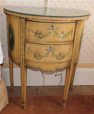 Italian Hand Painted Demi Lune End Table - Beautiful Hand Painted Florals with Bow and Flower Swags - 2 Drawers - Glass Top - Table Measures 29 Tall 26 By 14 