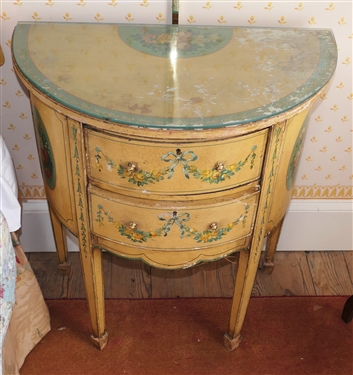 Italian Hand Painted Demi Lune End Table - Beautiful Hand Painted Florals with Bow and Flower Swags - 2 Drawers - Glass Top - Table Measures 29 Tall 26 By 14 