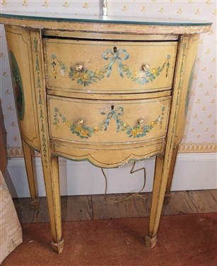 Italian Hand Painted Demi Lune End Table - Beautiful Hand Painted Florals with Bow and Flower Swags - 2 Drawers - Glass Top - Table Measures 29 Tall 26 By 14 