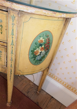 Italian Hand Painted Demi Lune End Table - Beautiful Hand Painted Florals with Bow and Flower Swags - 2 Drawers - Glass Top - Table Measures 29 Tall 26 By 14 