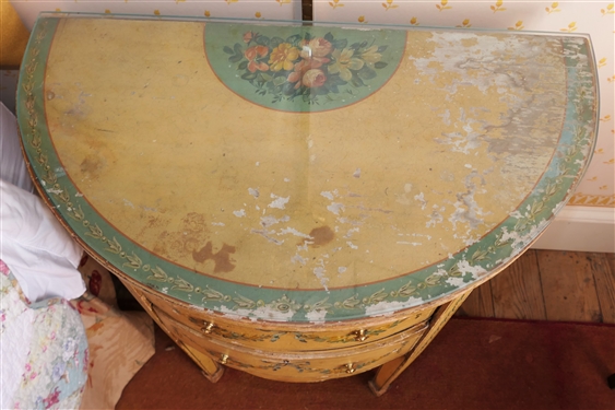 Italian Hand Painted Demi Lune End Table - Beautiful Hand Painted Florals with Bow and Flower Swags - 2 Drawers - Glass Top - Table Measures 29 Tall 26 By 14 