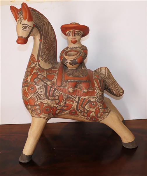 Large Hand Painted Mexican Pottery Horse Bank - Horse with Rider Holding Pot - Heavy Statue Measures 20" tall 16" Long
