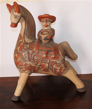 Large Hand Painted Mexican Pottery Horse Bank - Horse with Rider Holding Pot - Heavy Statue Measures 20 tall 16 Long